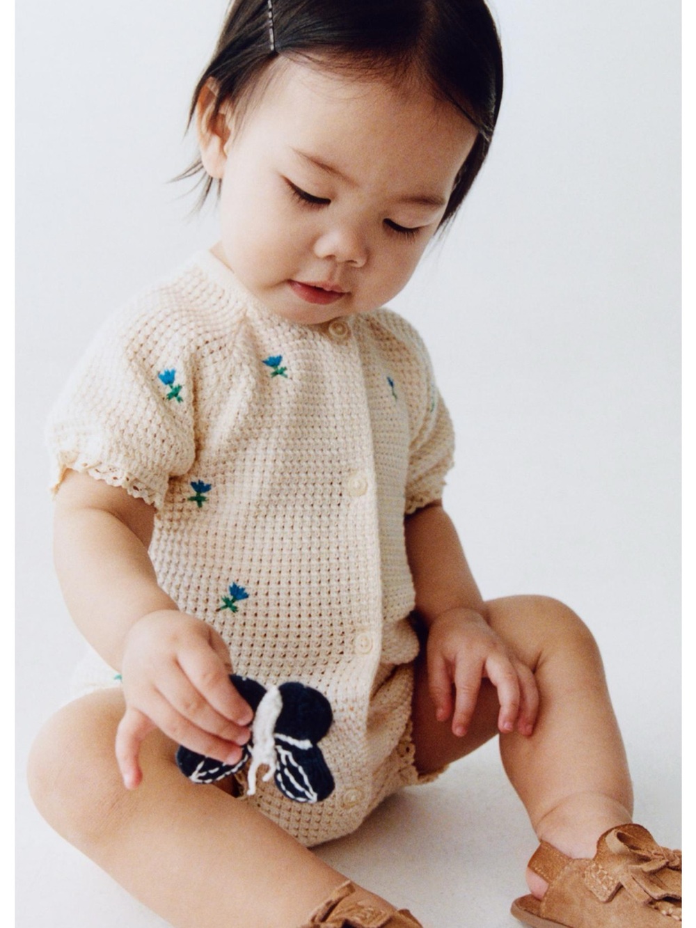 ZARA EMBROIDERED FLORAL TEXTURED ROMPER WITH LACE TRIM